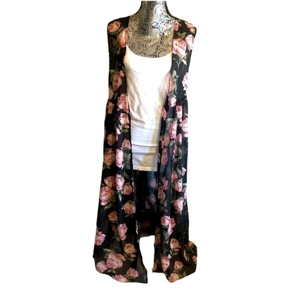 LIVE 4‎ TRUTH Semi black sheer pink  rose open duster medium